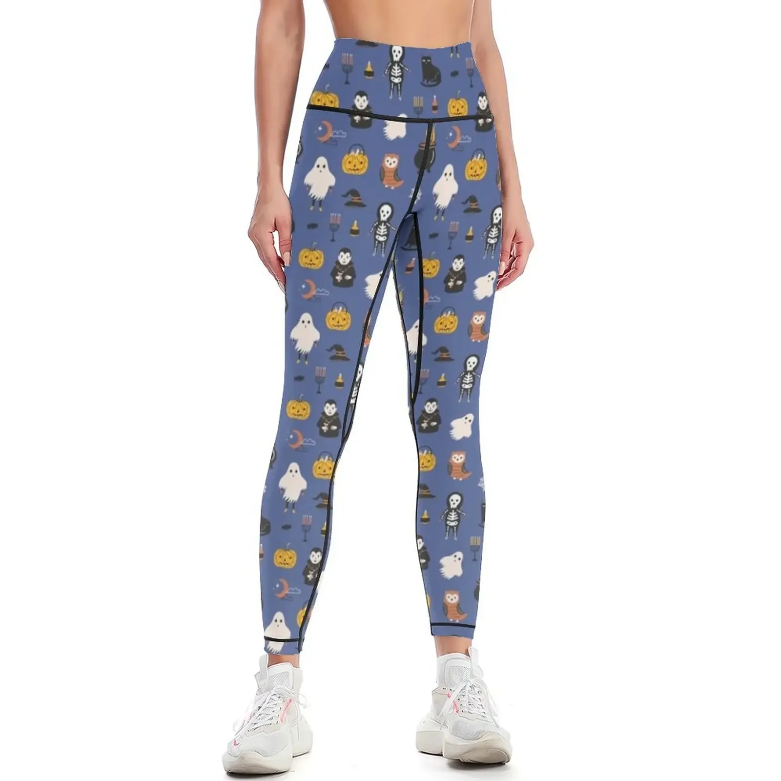 

Halloween pattern with ghost, pumpkin, vampire, skeleton and black cat on blue background Leggings