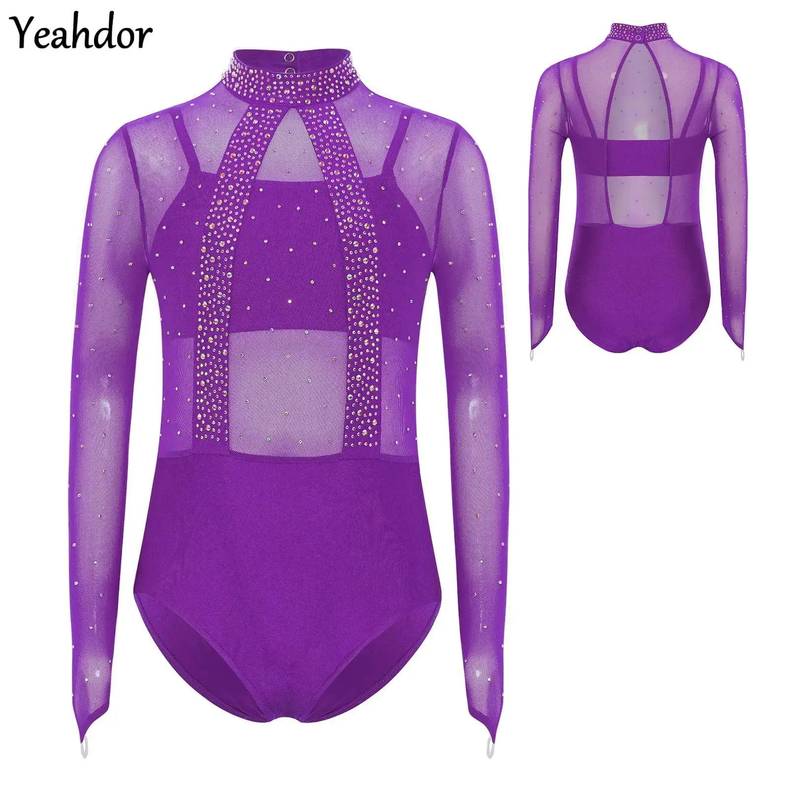 

Kids Girls Long Sleeve Ballet Leotard Gymnastics Skating Bodysuit Mock Neck Rhinestones Sheer Mesh Bodice Bodysuit with Camisole