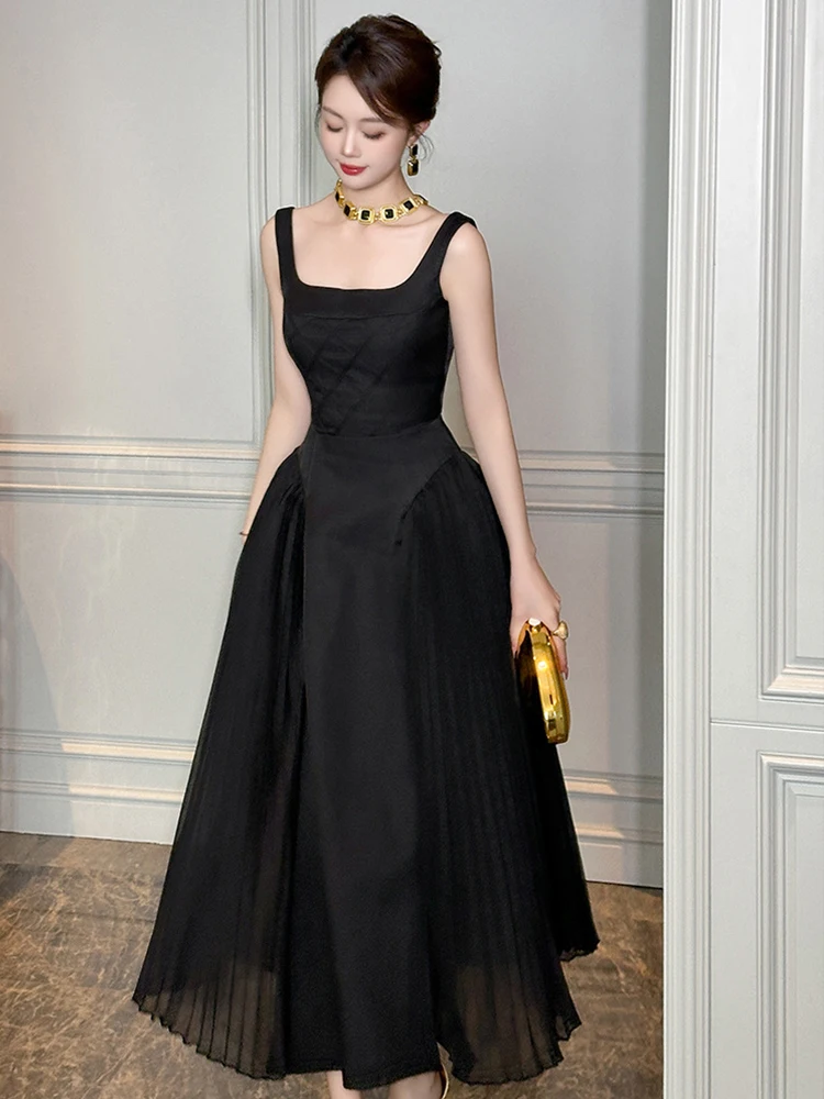 Vestido de noite socialite francês feminino sexy elegante alça preta longo plissado robe senhora festa fiesta vestidos mujer roupas