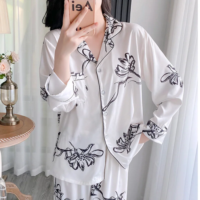 Female 2PCS Pajamas Set Long Sleeve Trouser Suits Sleepwear Pink Cartoon Nightwear Spring Summer Satin Pijamas Loose Home Wear