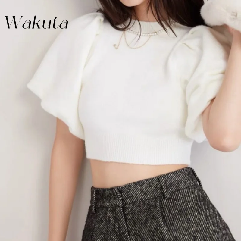 WAKUTA Japanese Classic Round Neck Bubble Sleeve Solid Short Pullovers Кофта Женская Temperament Slim Waist Sweaters 여성 반팔 니트