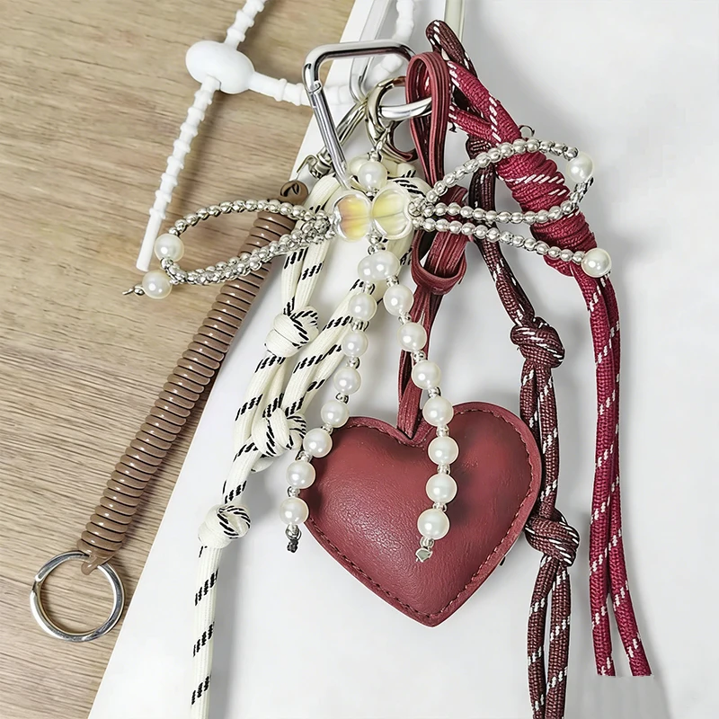 Trendy Leather Heart Bow Keychain Delicate Beaded Keyring Car Key Holder Bag Pendant Decoration For Girls Gift