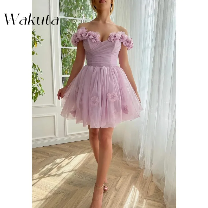 Wakuta 3D Flowers Tulle Homecoming Dress Short Off The Shoulder Fairy Dress Cocktail Party Vestido Elegante Mujer فساتين السهرة