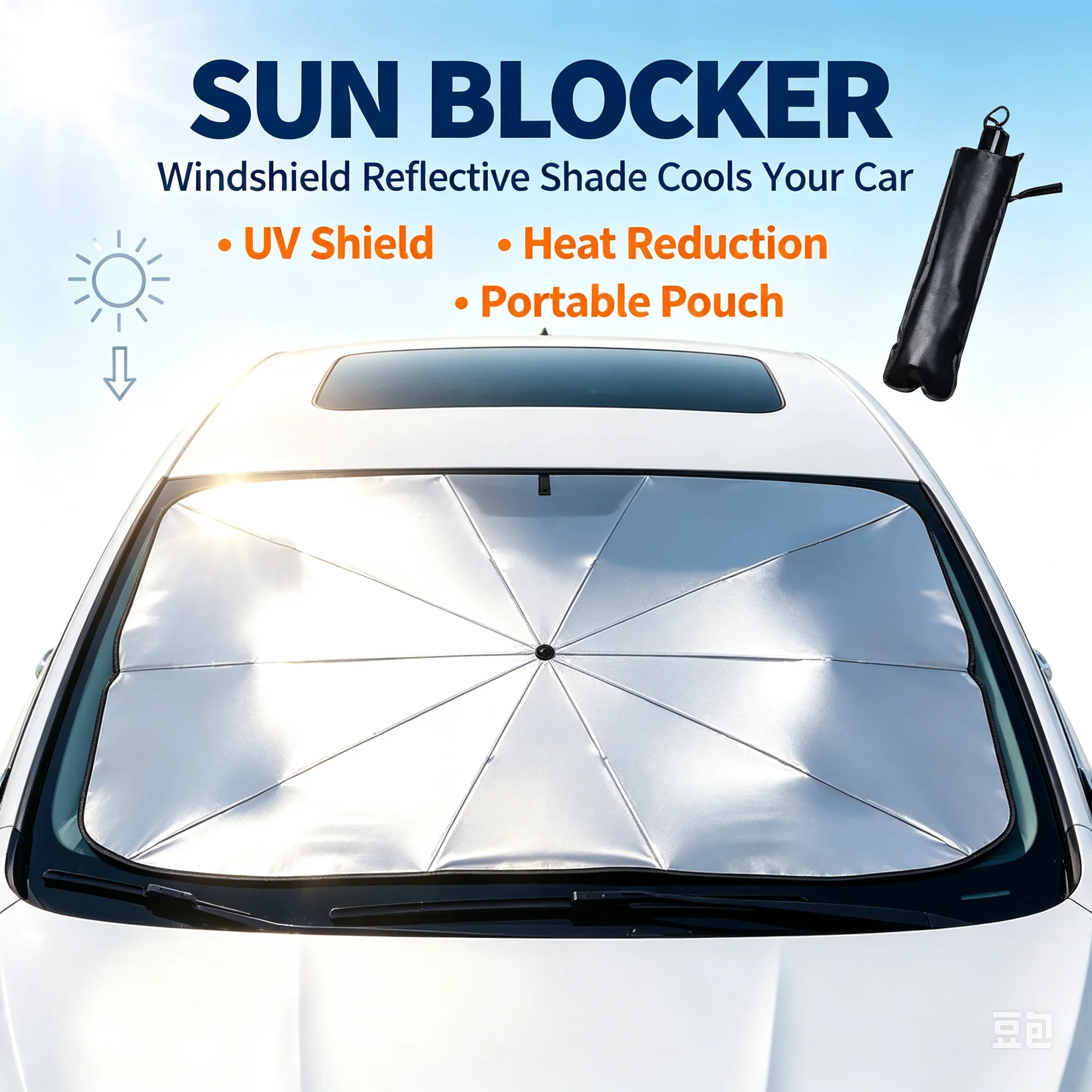 Car Sunshade Windshield Umbrella with 360°Rotation Bendable Handle Front Window Sun Shade UV Protection Summer Car