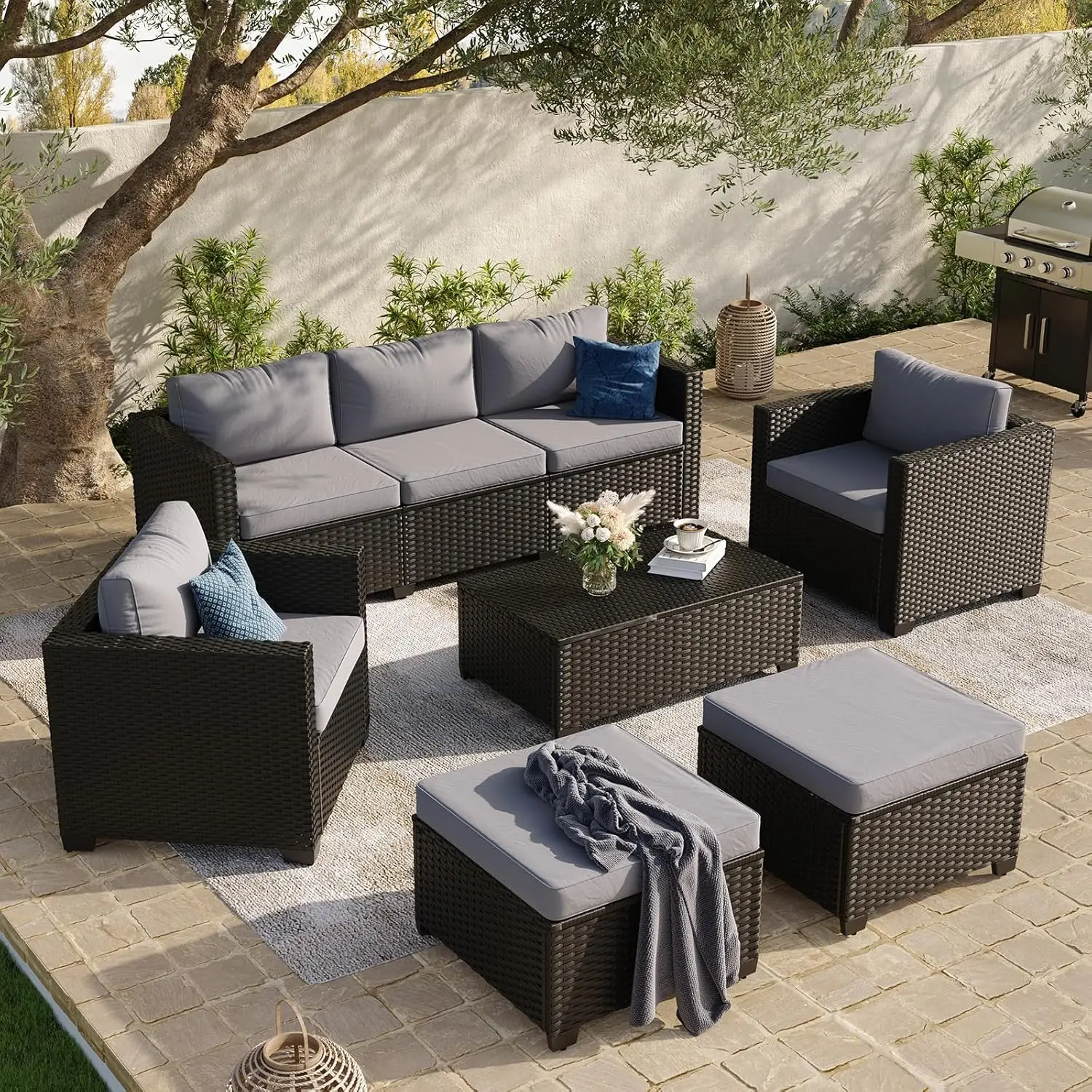 

8 Piece Modular PE Rattan Outdoor Sectional Sofa Set with Table & Cushions for Garden Backyard Patio 7 Seats Grey, Custom