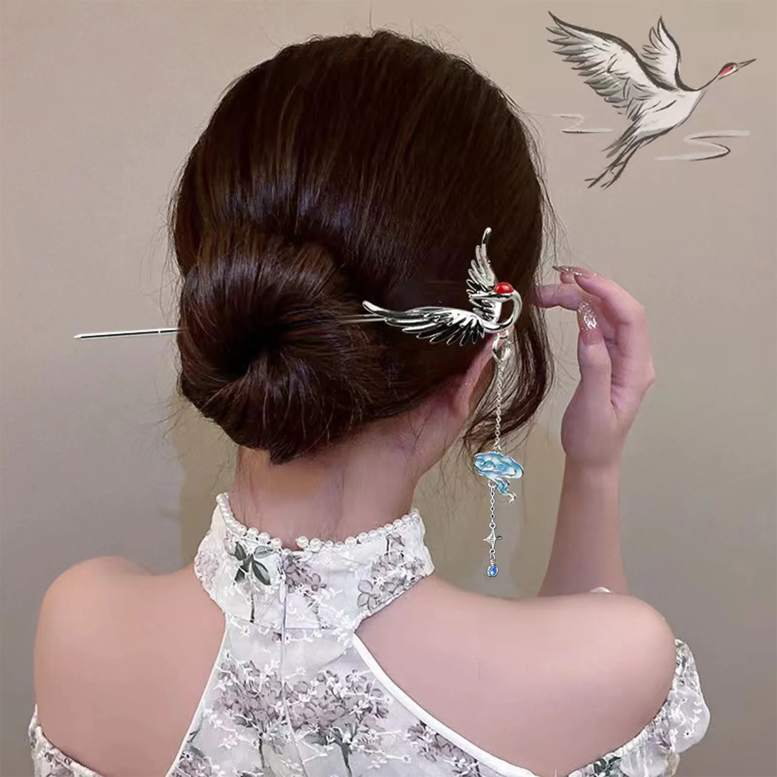 Chinese Style Retro Crane Hair Stick Pins Classical Elegant Alloy Tassels Hairpin Long Hair Women Wedding Hanfu Hair Accessories
