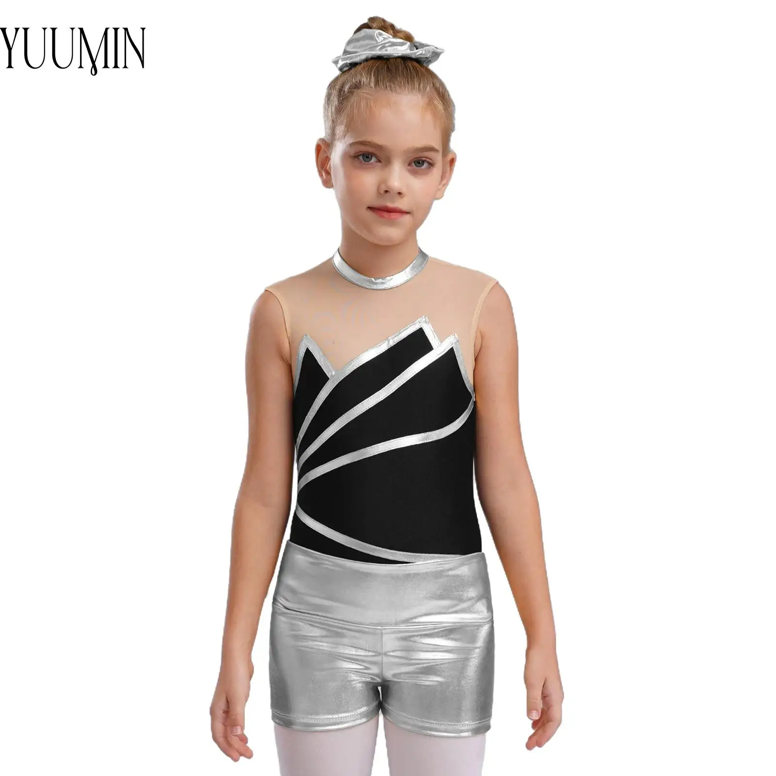 Children Girls Figure Skating Gymnastics Outfit Sleeveless Leotard+Shorts Hair Band Dance Workout Performance Costume Sports Set