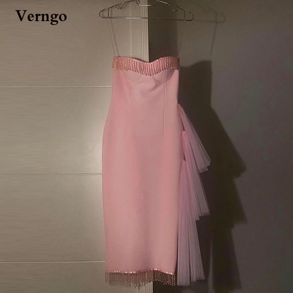 

Verngo Simple Baby Pink Prom Dresses With Tulle Overskirt Straps Sweet Crystal Tassel Detachable Tea Length Party Formal Gowns