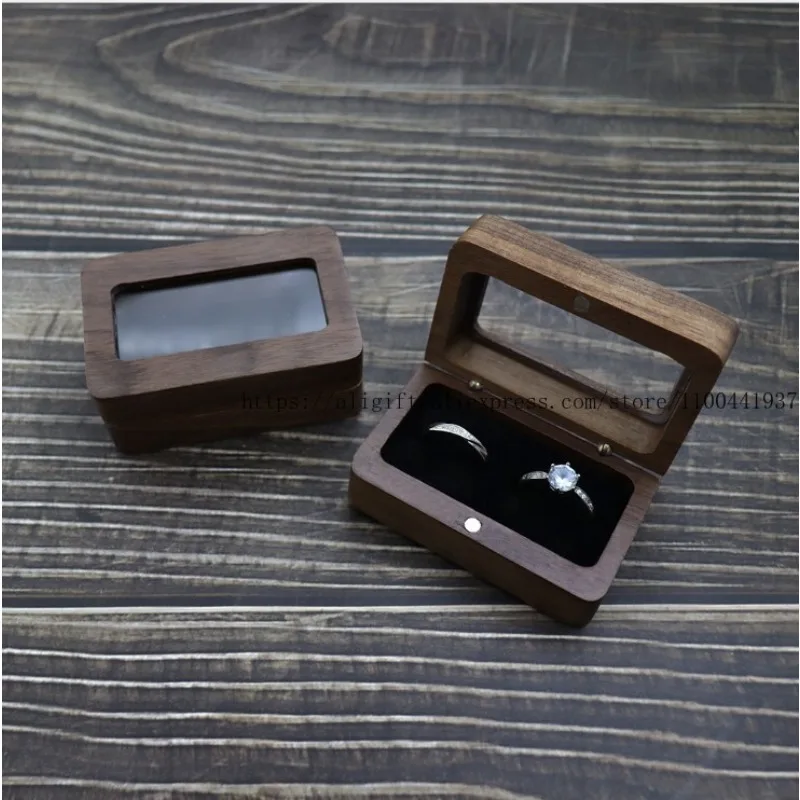 

Rectangular Black Walnut Wood Windowed Jewelry Box for Wedding Rings and Accessories Packaging