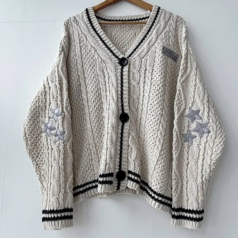 Sweter rajut bertulisan Applique wanita, kardigan bordir bintang Sweater krem musim dingin musim gugur wanita Y2k mantel Atasan