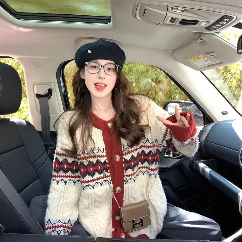 

Рождественский вязаный кардиган для женщин 2025 года — осенне-зимний утолщенный молодежный свитер в стиле ретро в ленивом стиле