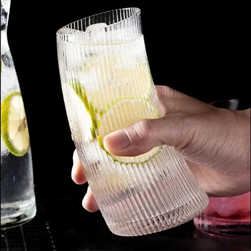 F19B Clear Glass Mug Curved Design Ribbed Drinkware for Breakfast or Afternoon Drink
