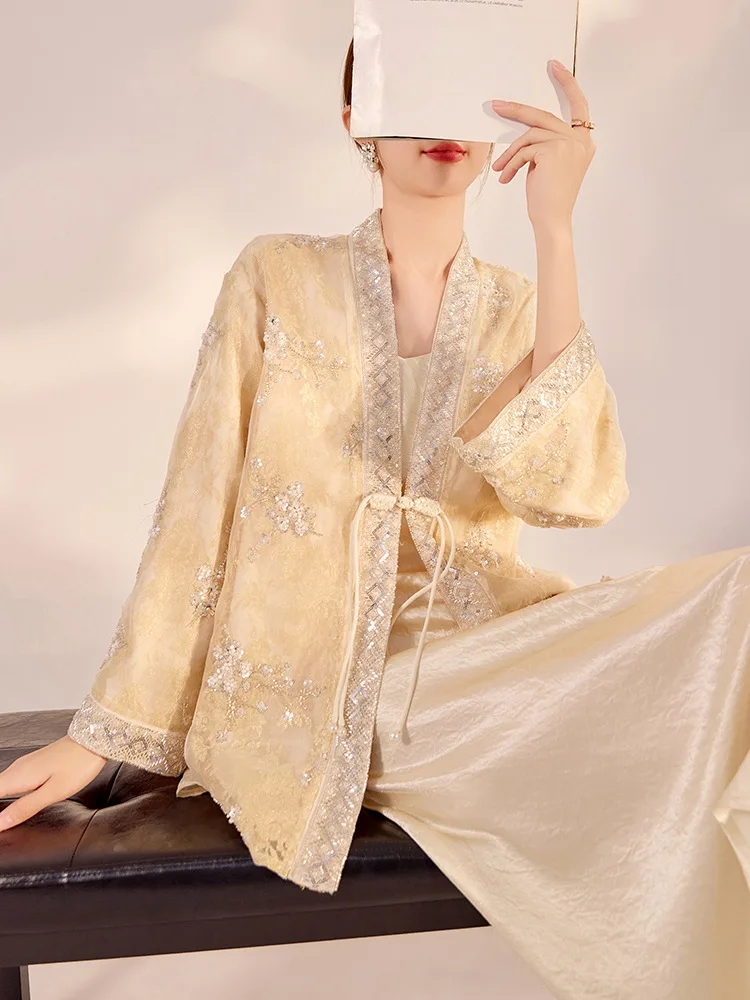 Chinese Tang Suit Clothes Luxury Sequin Embroidery Hanfu Vintage Mandarin Collar Jacket Lady Elegant Tops Spring Autumn Outwear