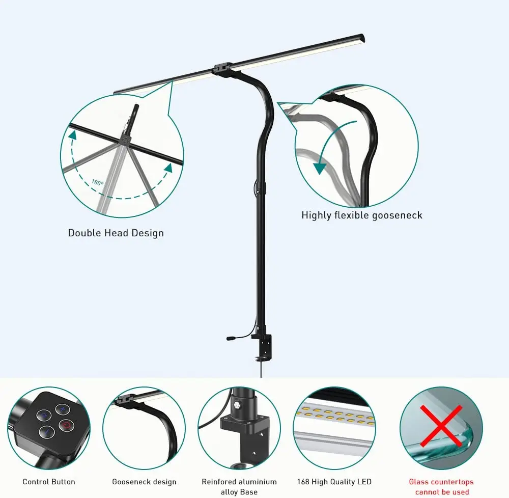 24W Double Head Gooseneck Desk Lamp with Clamp，5 Dimmable and 5 Color Modes，Remote & Swing Arm for Home Office Work  Reading