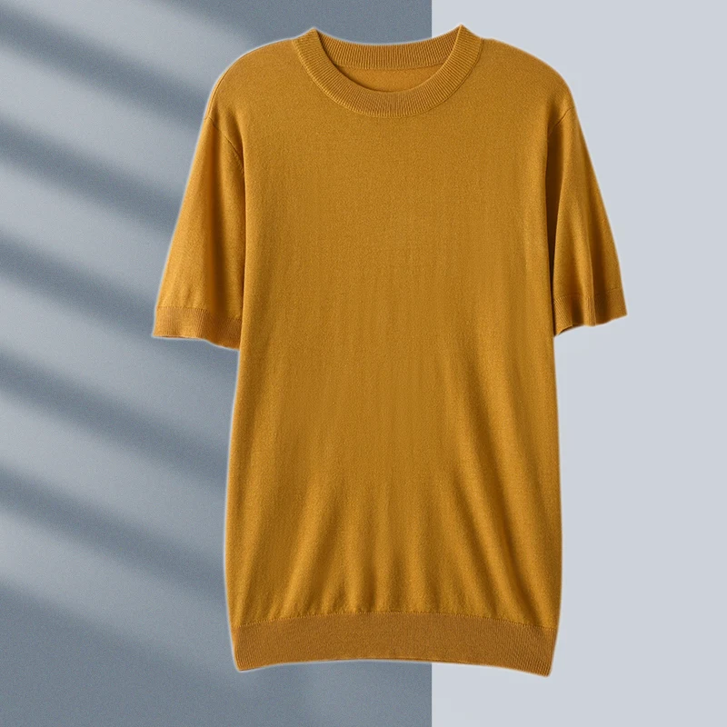 Suéter de manga corta para hombre, prenda de punto de imitación fina, versátil, de primera calidad, con cuello redondo, de Color sólido, ropa