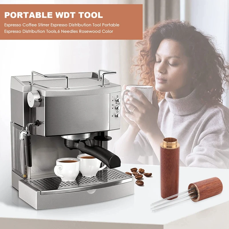 Portable Espresso Distribution Tools, Ferramenta WDT, 6 agulhas, cor do jacarandá