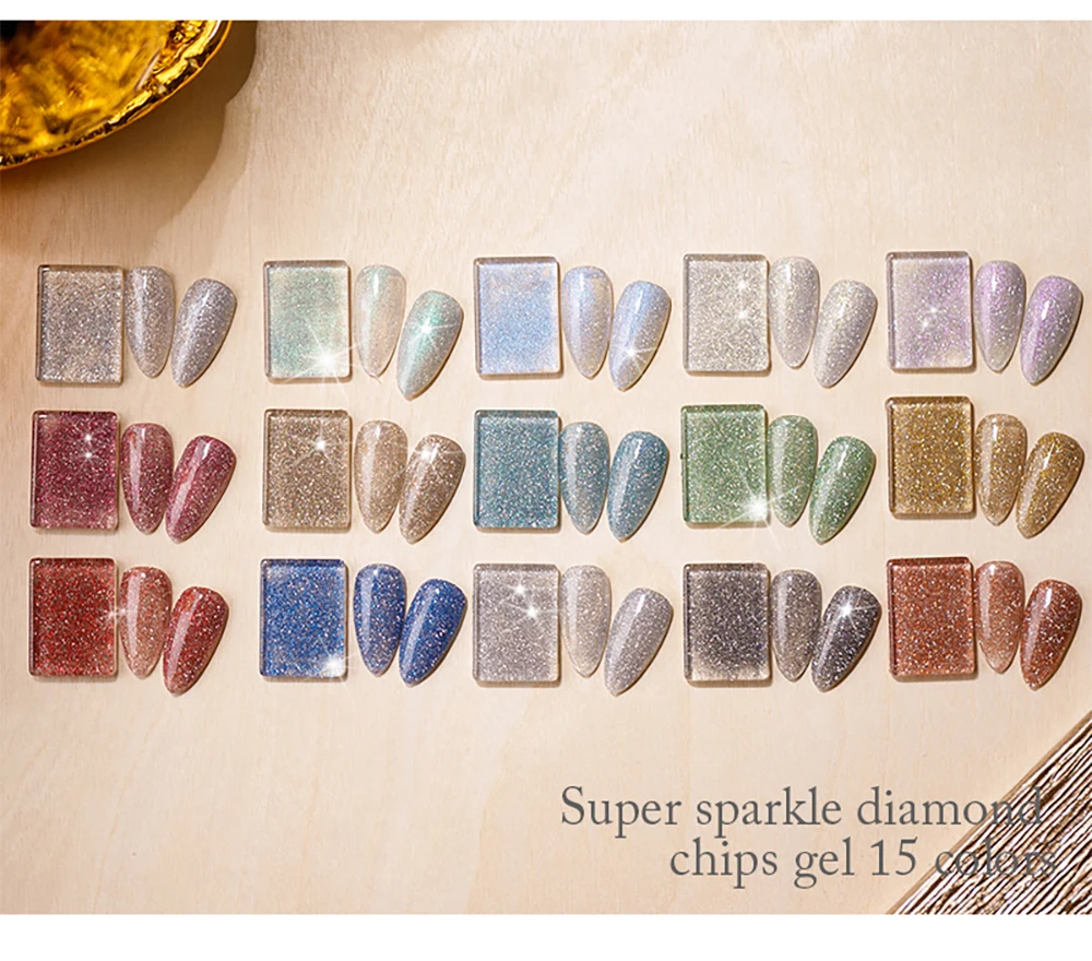 Vendeeni 15 Farben/Set Glitzer-Broken-Diamond-Gel-Nagellack, semi-permanenter Flash-Laser-UV-Soak-Off-Gel-Lack mit Display – Detail 19