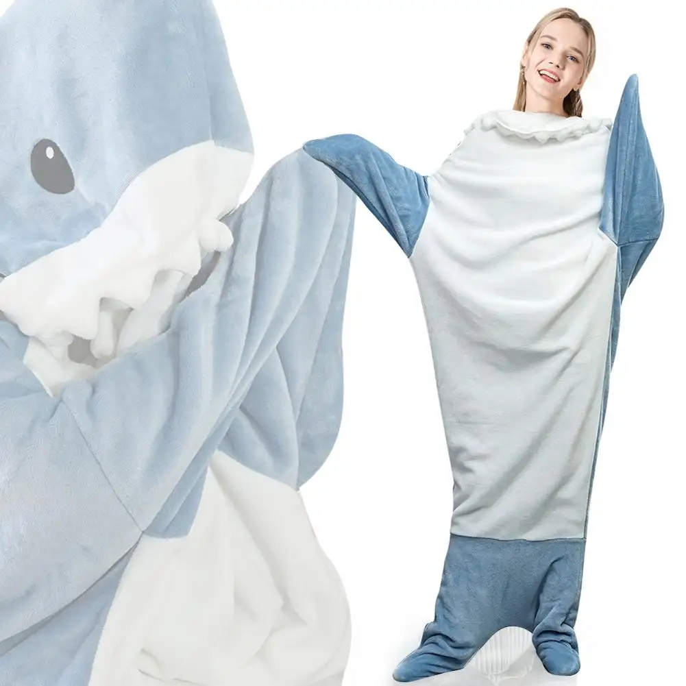 

Upgraded Shark Sleeping Bag One-piece Pajama Flannel Hand Side Opening Cartoon Shark Sleeping Bag Pajama Office Nap Blanket