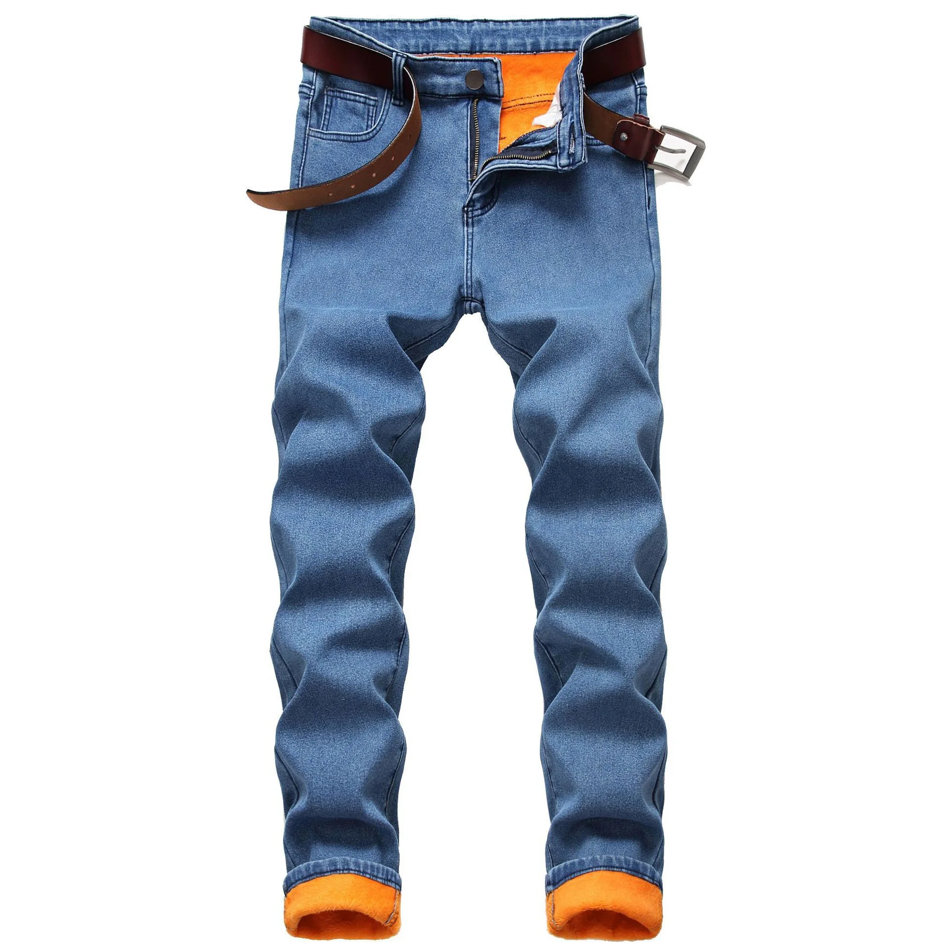 2024 Winter Casual Men Warm Straight Jeans Thicken Slim Fit Pockets Denim Pencil Pants Mid Waist Stretch Ankle Length Trousers