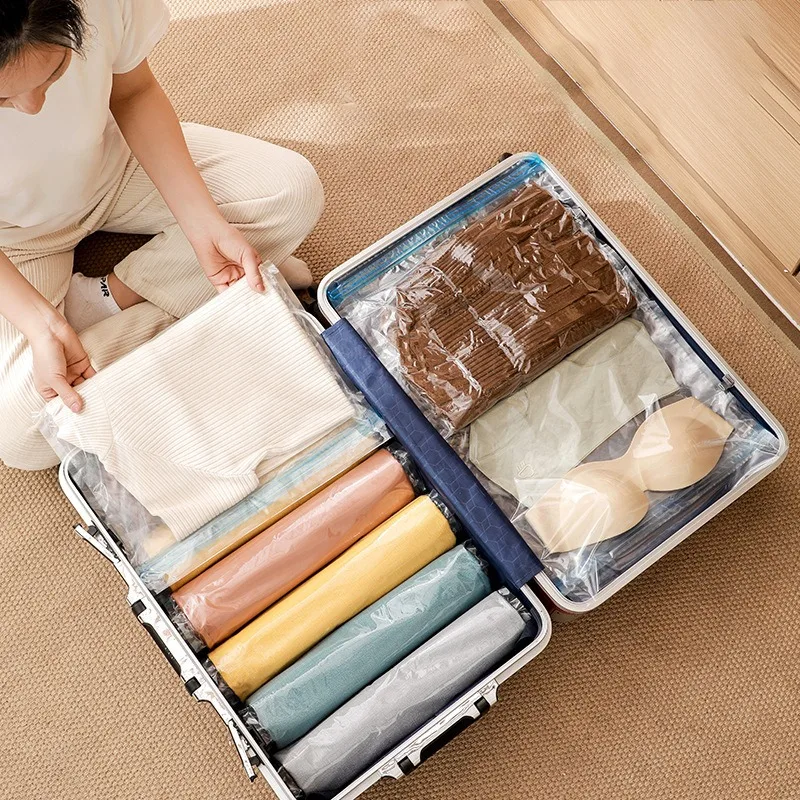 6/12Pcs Clothes Compression Storage Bags Hand Rolling Vacuum Transparent Clothing Packing Bag Space Saving Bag for Home Travel