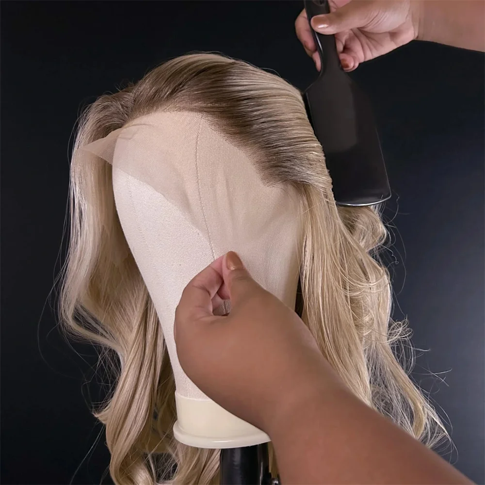 Blonde Balayage Lace Front Wig Free Part HD Lace Wig Realistic Look Dark Brown Roots Natural Wavy Synthetic Heat Resistant Fiber