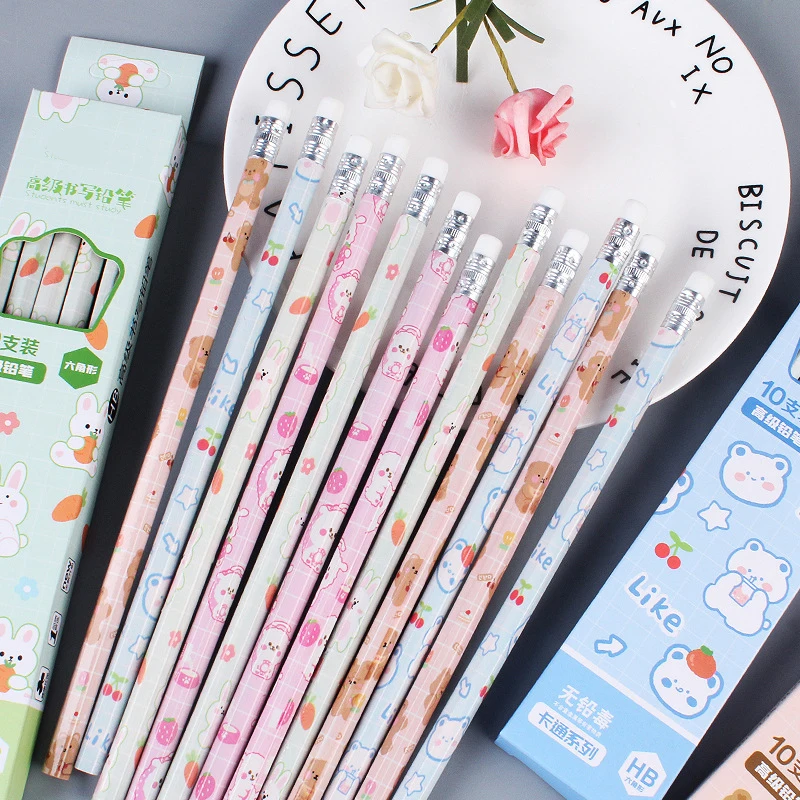 Juego de lápices de grafito de 10 piezas, lápices de papelería coreanos Kawaii para niños, suministros de arte para escritura y dibujo escolar