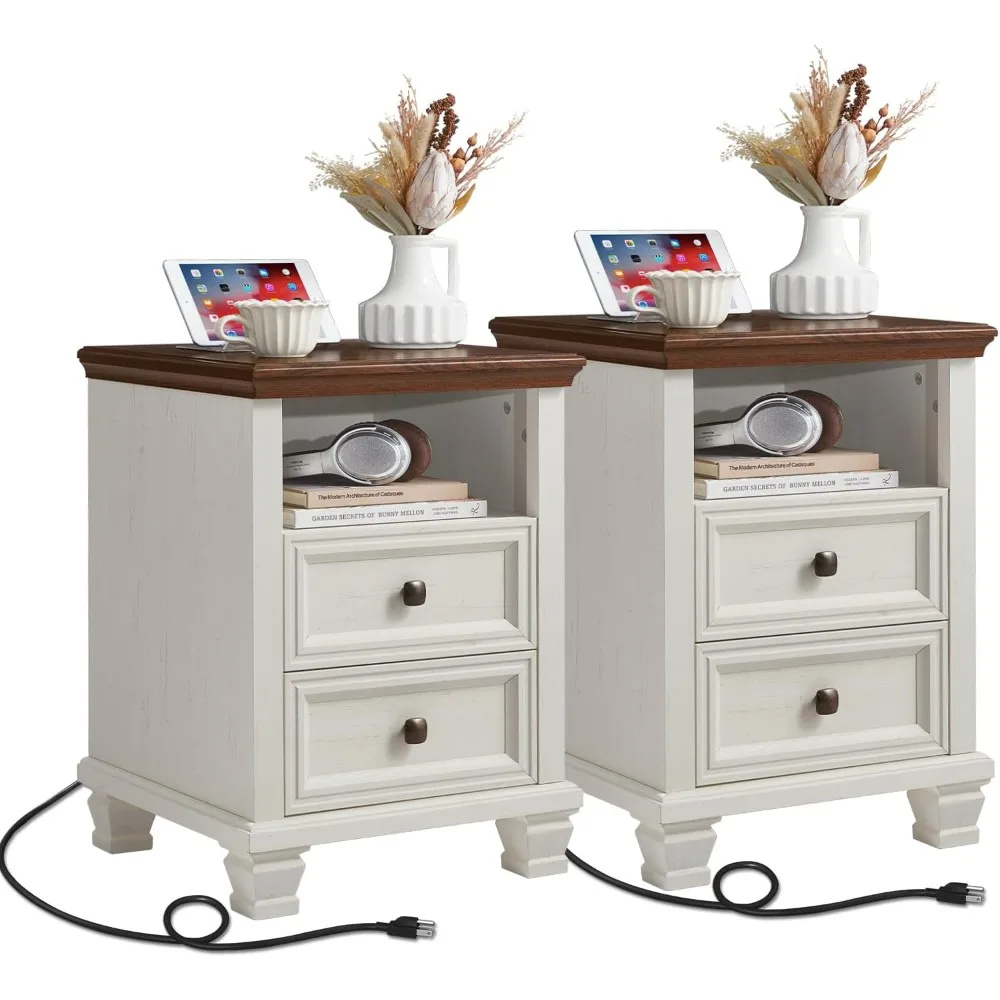 

Farmhouse Nightstand Set of 2 with Charging Station, Rustic White Nightstand,2 Drawers End Table for Living Room,bedside Table