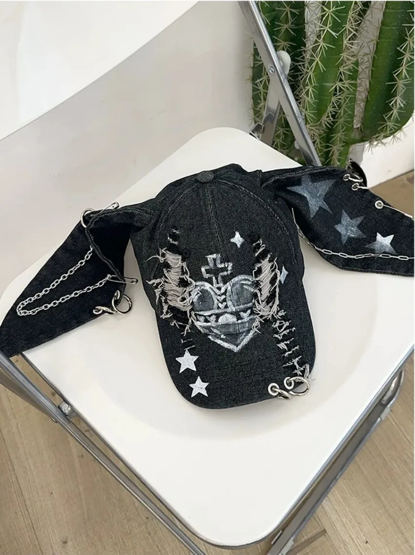 Original Gothic Women Mailard Denim Octagonal Cap Letters Wastland Punk Painter\'s Hat Cute Ears Cap