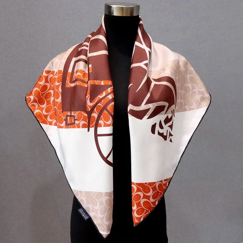 High-end Elegant Women Retro Carriage Double-sided Print Quality 18MM Twill 100% Mulberry Silk Hand-rolled Edge Large Scarf