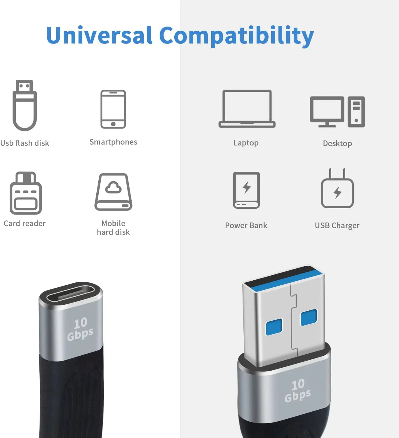 Cable adaptador USB C hembra A USB A macho, cargador, plano suave, corto, 10gbps