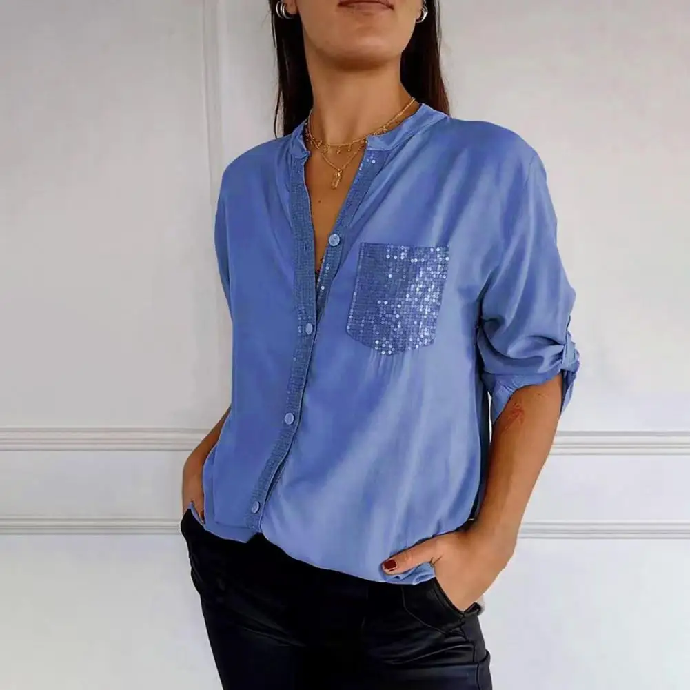 Women Shirt Stand Collar Roll-up Long Sleeve Shirt Tops Sequins Patch Pocket Single Breasted Sunscreen Shirt