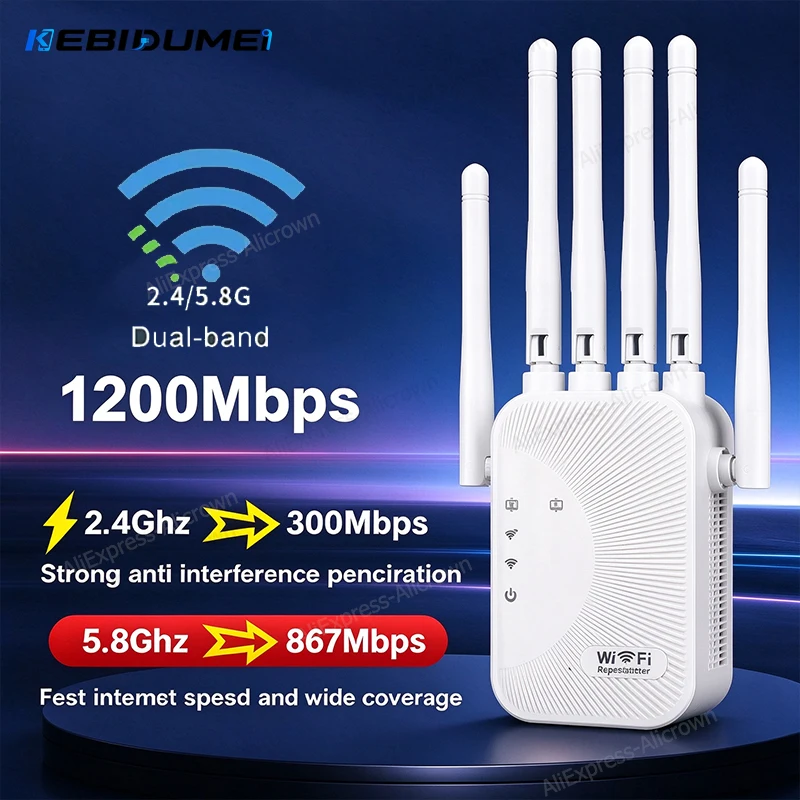 KEBIDUMEI 1200/300Mbps WiFi Repeater Dual Band 5G/2.4GHz Wireless Range Extender Signal Booster Network Amplifier for Whole Home