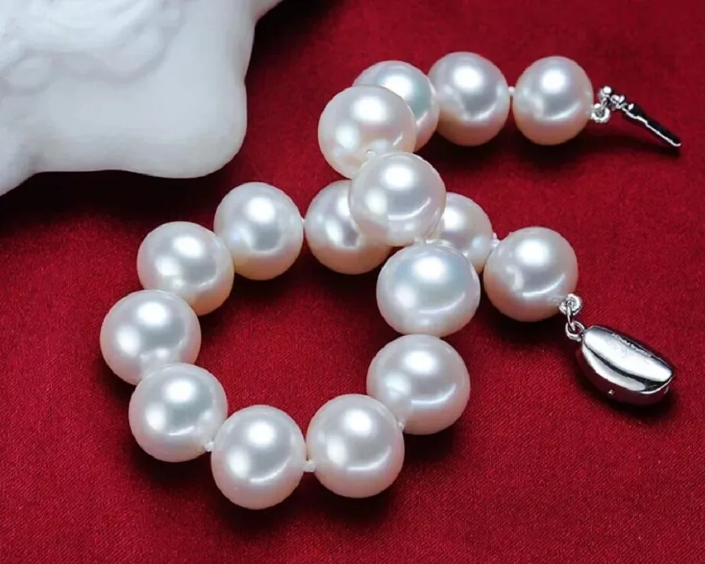 Beautiful aaa 11-12mm white pearl Nanhai round pearl necklace 925 silver 7.5-8 inch bracket.