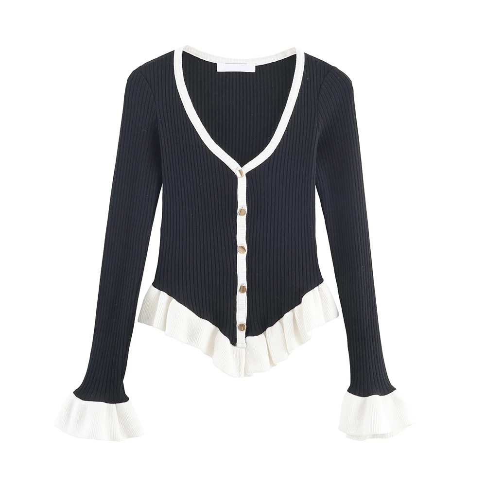 

Осенний новый женский вязаный свитер с длинным рукавом и v-образным вырезом, цветной блок, декоративный многослойный модный топ