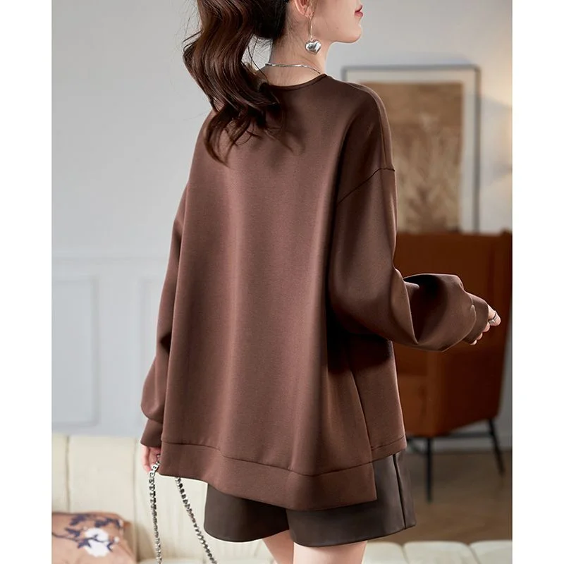 Felpa stile scozzese jacquard da donna nella primavera e nell'autunno 2025 Nuovo top ampio e versatile che copre la pancia