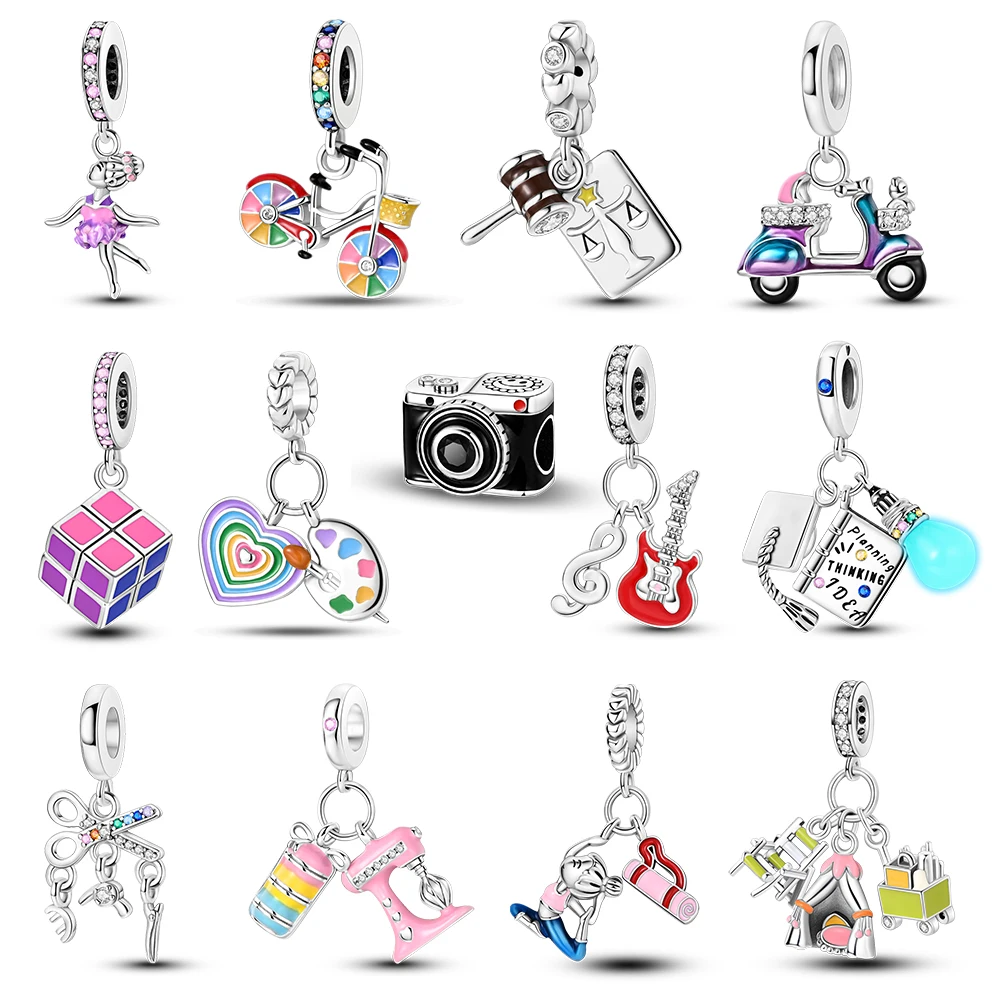 Silver Plated Camera Charms Colorful Palette Beads Pendants Fit Original Pandora Music Guitar Bracelets For Woman Jewelry Gift