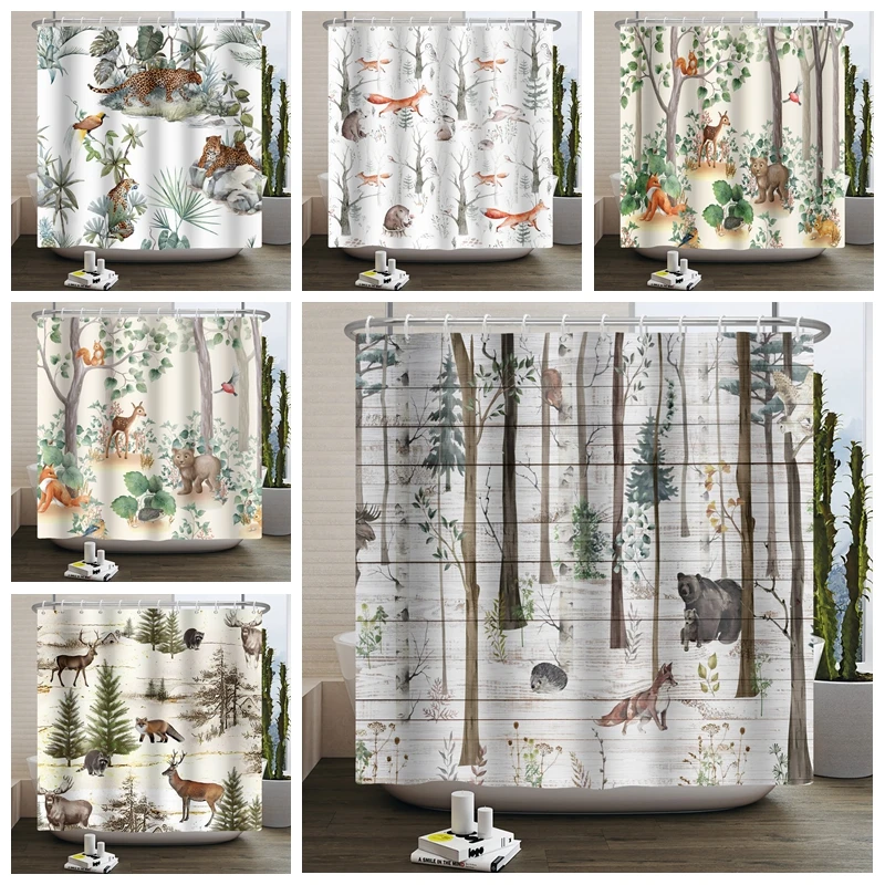 

Jungle Animal Shower Curtain Watercolor Design Aesthetic Bathroom Decor for Kid Washable Polyester Fabric Shower Curtain 180x200