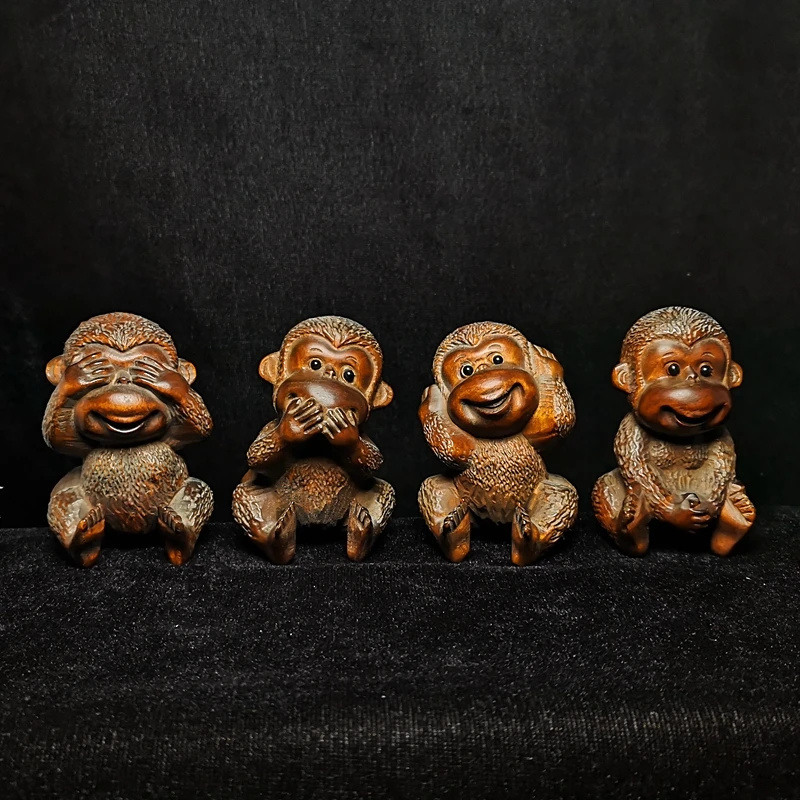 

1919 Antique art 4 Pcs Old Chinese Boxwood Hand Carved lovely Monkey Animal Statue Size 2.5 inch