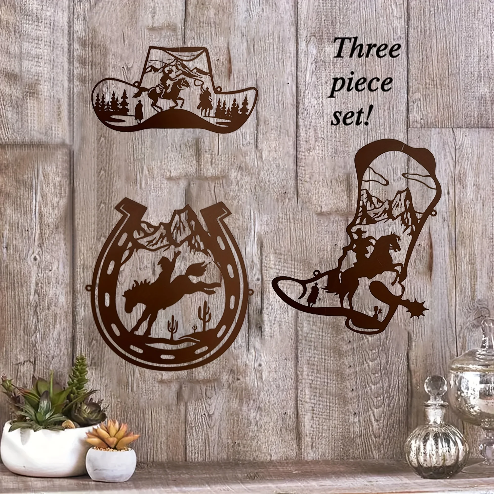 2D Flat Horseshoe Iron Wall Art 3Pcs Western Cowboy Country Style Hanging Decor for Indoor Outdoor Living Room Bedroom Bathroom