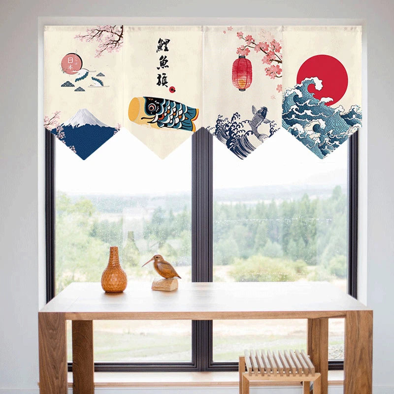 VIKAMA Japanese Wave Koi Red Sun Triangle Curtain, 6 Designs, Doorway Decor for Bedroom Living Room Kitchen