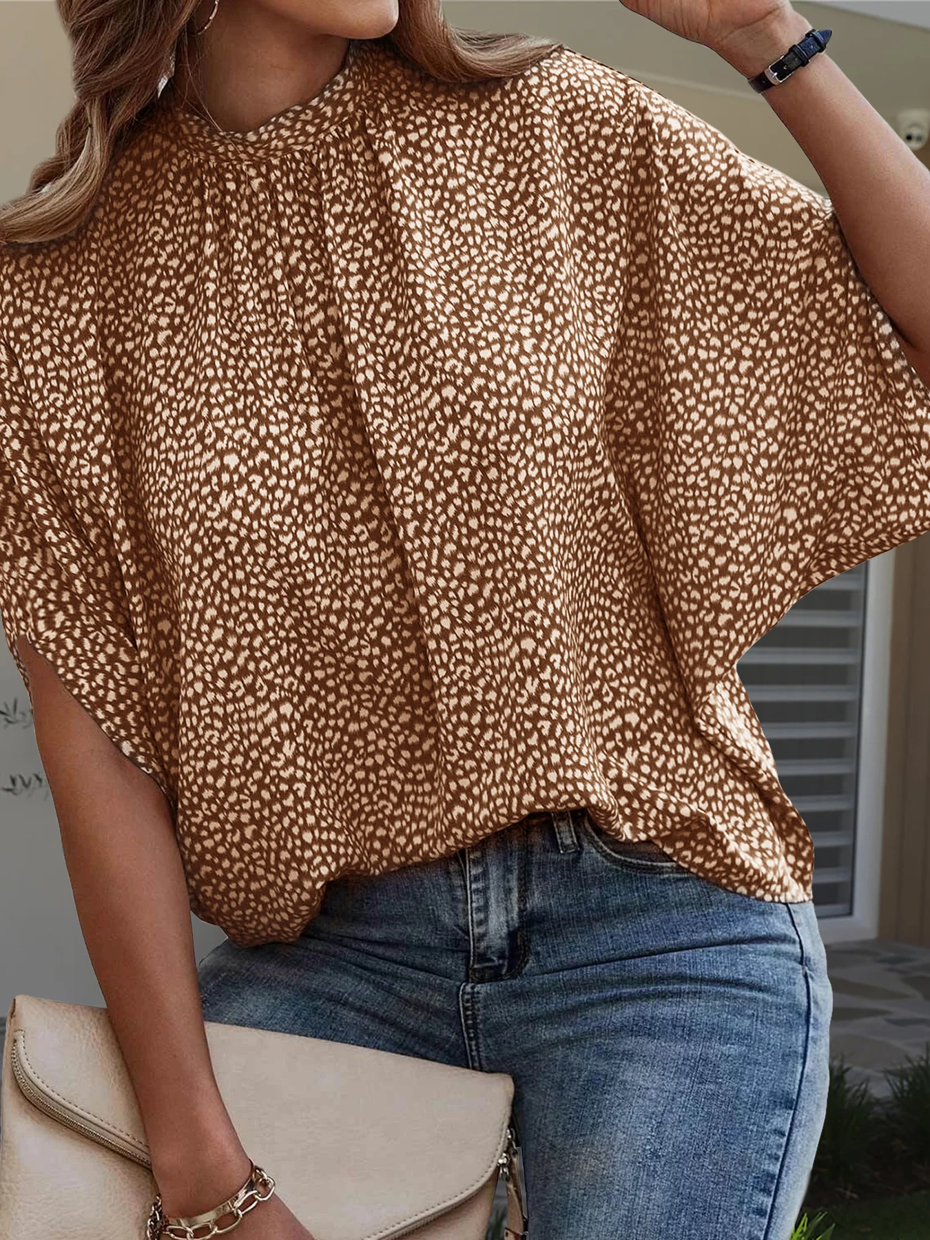 Summer Casual Leopard Printed Blouses Shirts Women Chic Half Collar Short Sleeve Tops Ladies Vintage Chic Blouses