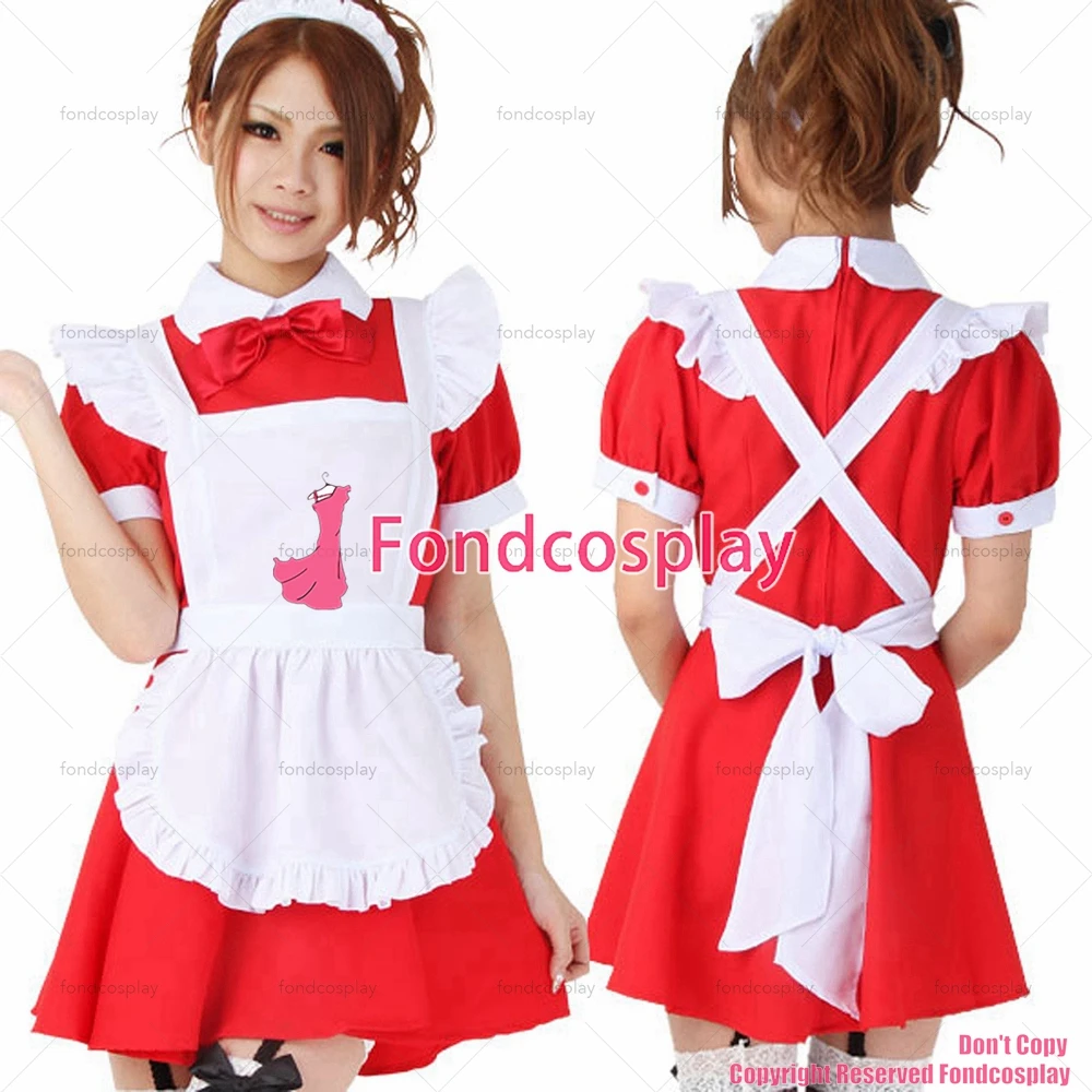 

fondcosplay adult sexy cross dressing sissy maid short red Cotton Lockable Dress Uniform white apron Costume CD/TV[G1252]