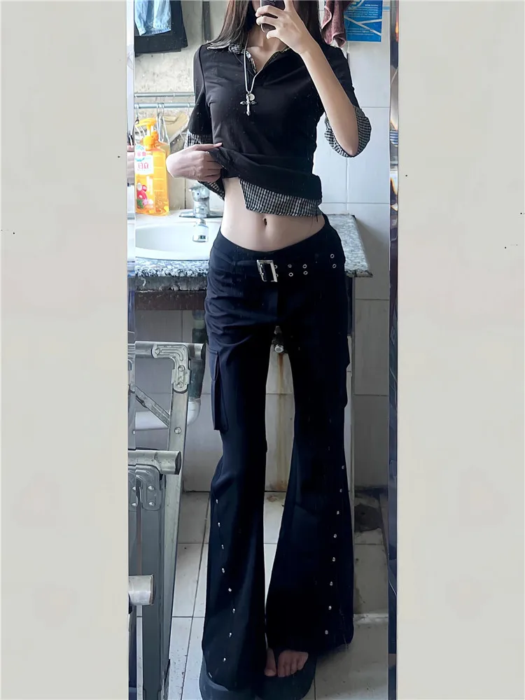 

American Vintage Low Waist Bell Bottom Jeans Women's Slimming Workwear Rivet Floor-Length Pants Black Wash Spring Summer