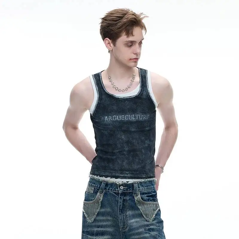 LUZHEN 2026 Summer Vintage Style Wornout Tie-dyed Fake Two Piece Design Sleeveless T-shirts Men Trendy Handsome Tank Tops JY7459