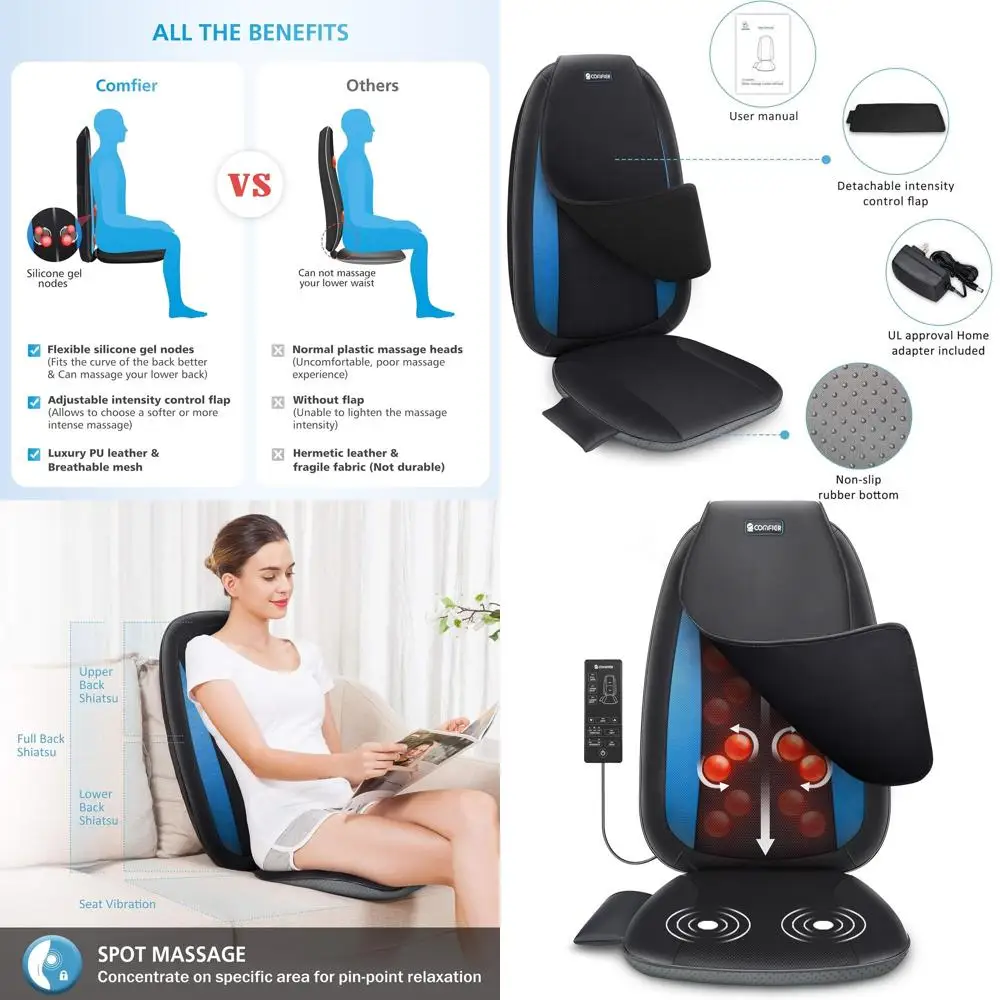 

Массажер шиацу с подогревом для снятия боли в спине, идеально подходит для домашних или офисных кресел, подходит для мужчин и женщин.