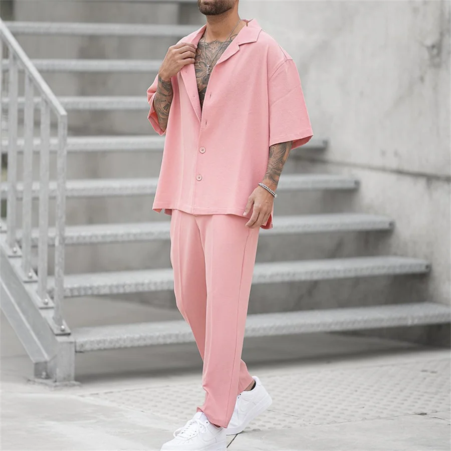 2024 Summer Men Two Piece Suits Men\'s Clothing Casual Short Sleeve Lapel Button Shirt and Pants Set Casual Outfits Tops Trousers