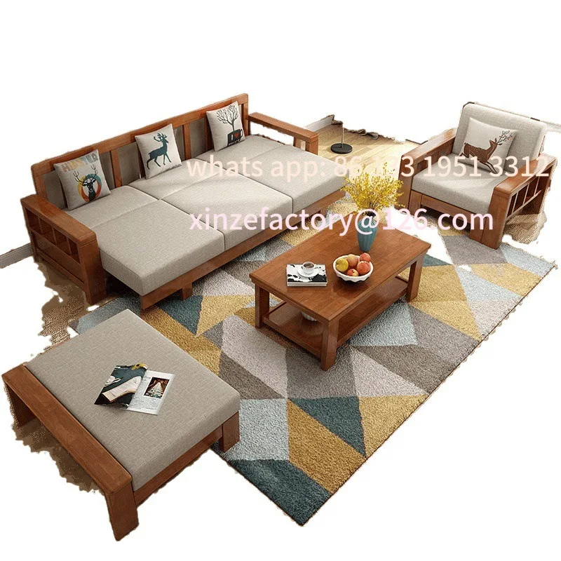 

Solid wood sofa combination modern Chinese small three-seater rural wooden fabric bed