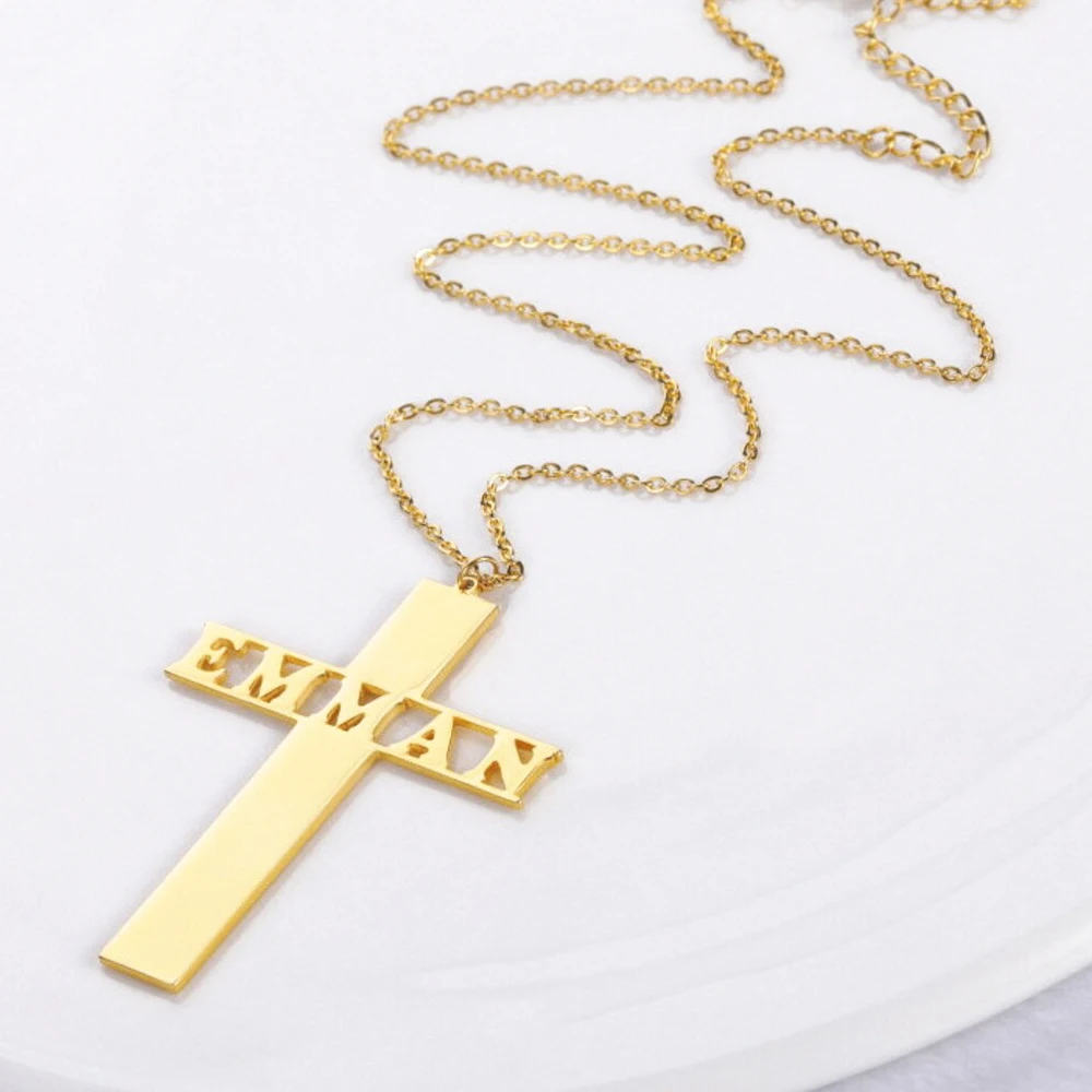 Personalized Cross Name Necklace Stainless Steel Cutting Customized Pendant Christian Nameplate Jewelry Women's Mother's Day Gif