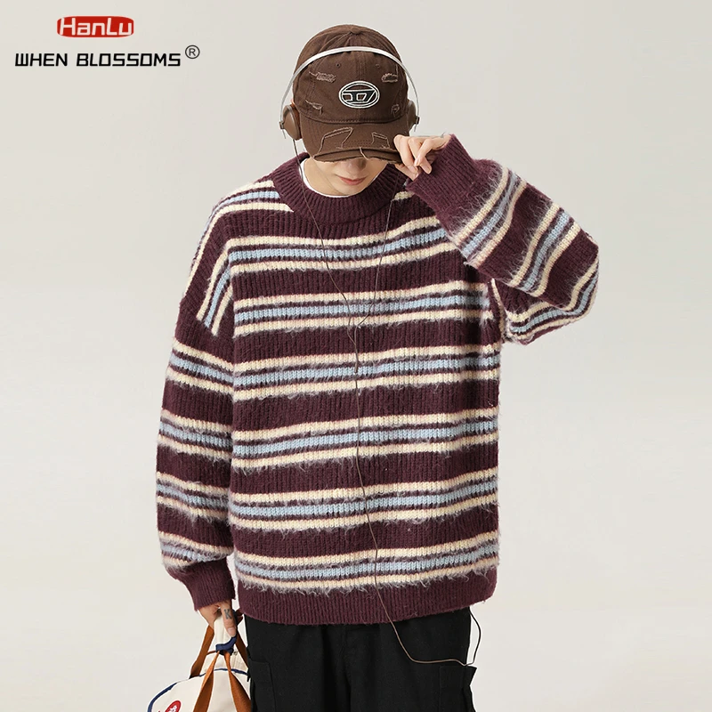 Japanese Vintage Striped Knitted Sweater Men's Autumn/Winter Warm Women's Fleece knit Sweater Pullover 2024 New Fashion Top