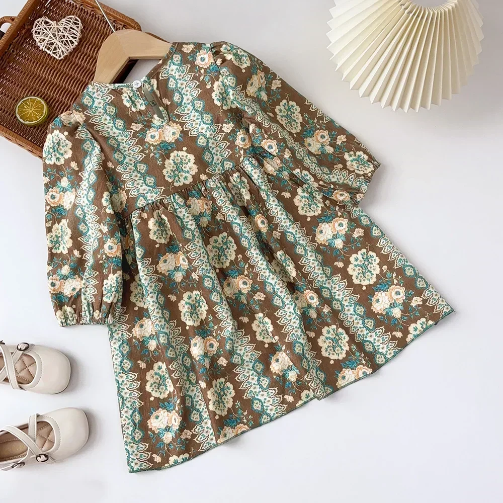 Autumn Promotion Girls' Casual Clothing Bohemian Style Flower Print Long Sleeved Dress